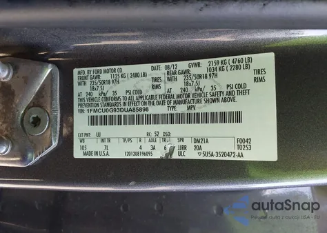 2013 Ford Escape Se из США, поврежденный, VIN 1FMCU0G93DUA85898